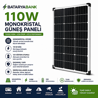 110 Watt Monokristal Güneş Enerjisi Paneli 12V Solar Şarj Paneli Karavan Tekne Bağ Evi Akü Şarj Solar Paneli - 1