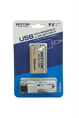 Beston 9V 1000mAh USB Şarjlı Li-ion Kare Pil - 1